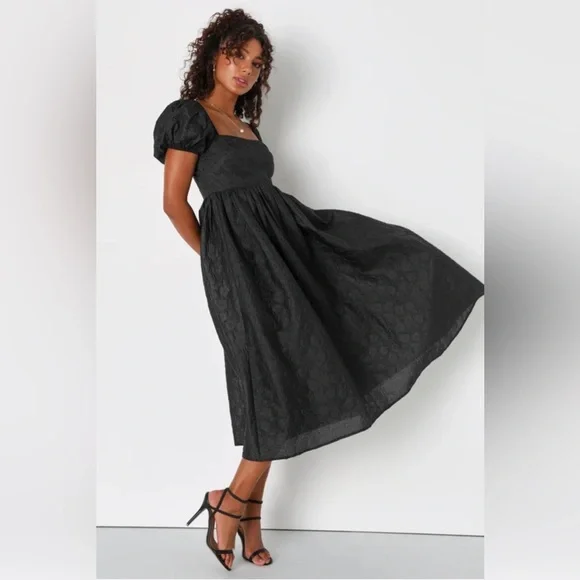 Lulus NWT Adorable Mood” Black Floral Jacquard Puff Sleeve Babydoll Dress Medium - Picture 11 of 14